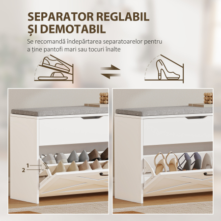 Banca pentru Pantofi cu Sertar Rabatabil si Compartiment de Depozitare, Capacitate 8 Perechi de Pantofi, 80x30x55 cm, Alb [4]