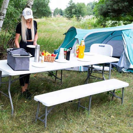 Banca pliabila, cu maner, HDPE si cadru metalic, 180x30x43 cm, alb/gri [5]