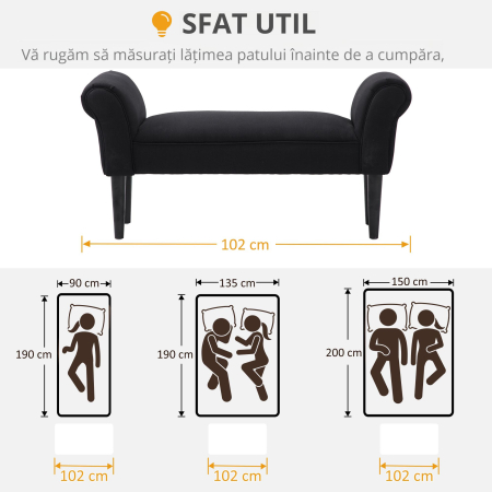  Banca Tapitata pentru Capatul Patului cu Brate Rulate, 102x35x51cm, Negru [6]