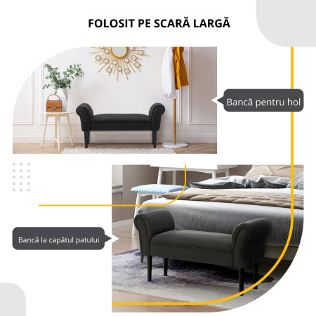  Banca Tapitata pentru Capatul Patului cu Brate Rulate, 102x35x51cm, Negru [5]