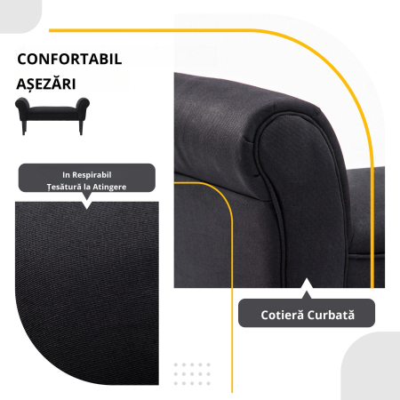  Banca Tapitata pentru Capatul Patului cu Brate Rulate, 102x35x51cm, Negru [4]