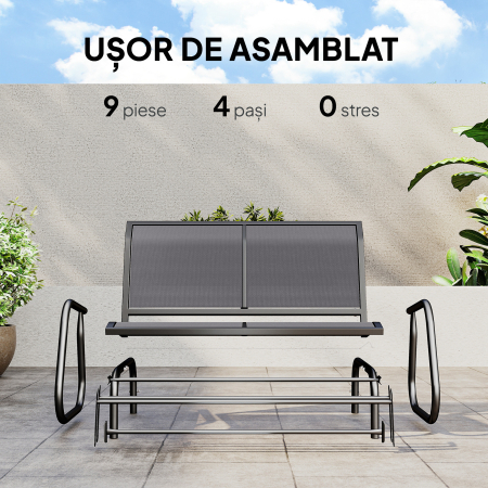  Banca Tip Leagan 2 Locuri din Metal, Negru, 123x70x87 cm [4]