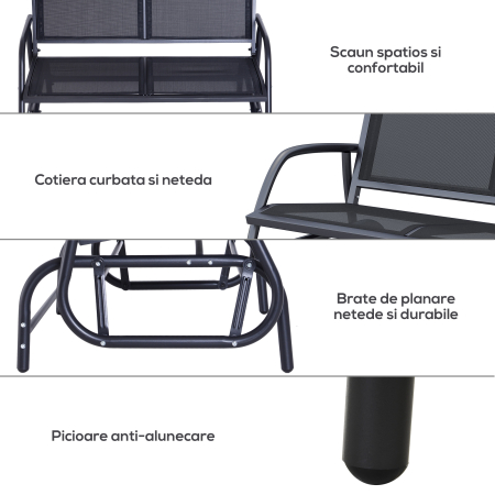  Banca Tip Leagan 2 Locuri din Metal, Negru, 123x70x87 cm [5]