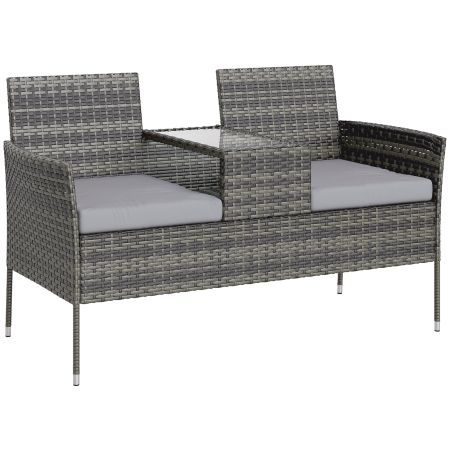 Gradina & balcon -  Bancheta de Exterior cu 2 Locuri si Masuta de Cafea, din Otel si Ratan PE, 137x59x82 cm, Gri