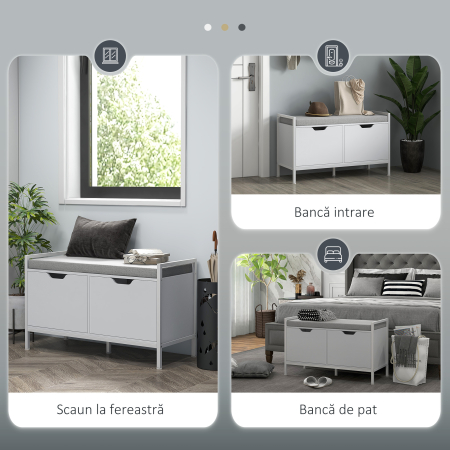  Bancheta Dulap pentru Pantofi cu 2 Compartimente si Perna, Dulap Pantofi pentru Hol, 84x35x50 cm, Alb [6]
