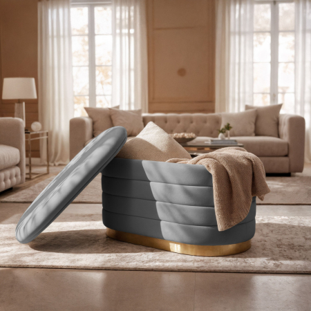 Bancheta tip puf cu depozitare, tapiterie velur, 80x42x42 cm, gri [5]