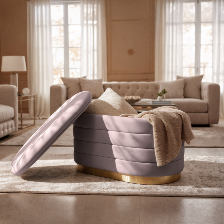 Bancheta tip puf cu depozitare, tapiterie velur, 80x42x42 cm, roz pudrat [3]