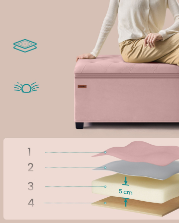 Bancuta depozitare cu picioare, velur matlasat, 103 litri, 110x40x40 cm, roz [4]