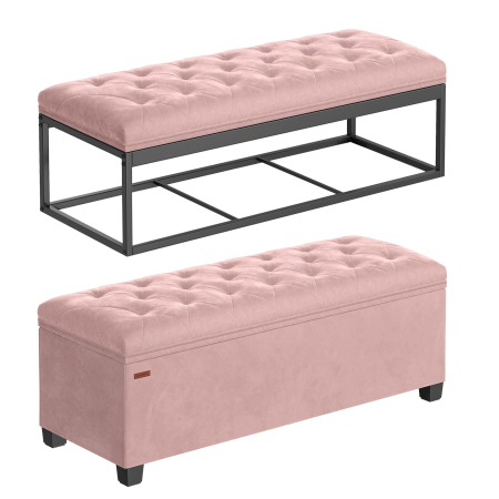 Bancuta depozitare cu picioare, velur matlasat, 103 litri, 110x40x40 cm, roz [1]