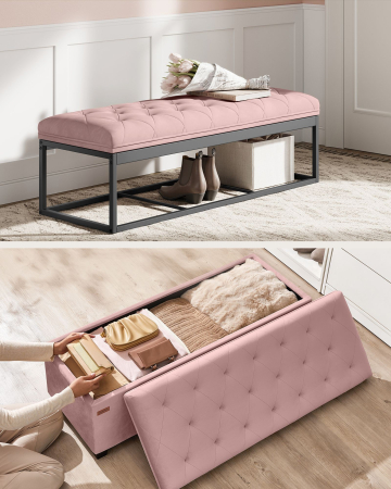 Bancuta depozitare cu picioare, velur matlasat, 103 litri, 110x40x40 cm, roz [6]