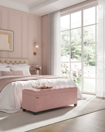 Bancuta depozitare cu picioare, velur matlasat, 103 litri, 110x40x40 cm, roz [2]