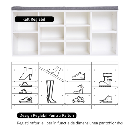  Bancuta Pantofi - 104×30×48 cm, Alb/Gri cu Rafturi Reglabile [3]
