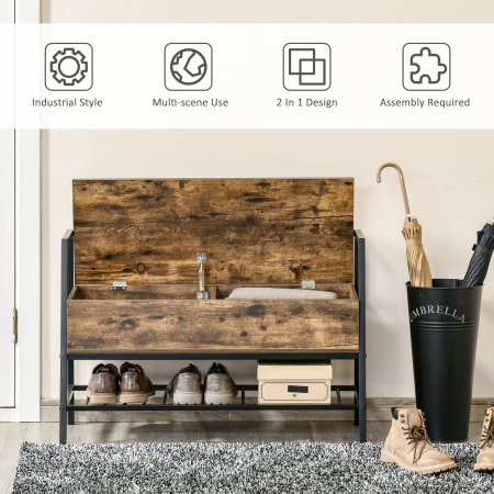  Bancuta Suport de pantofi din Lemn cu Economisire de Spatiu Stil Industrial 90x37x60cm [4]