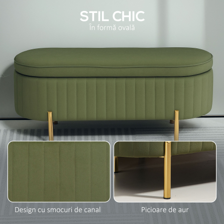  Bancuta Tapitata pentru Dormitor cu Capitonaj Canelat si Picioare Metalice, 108x44x43,5 cm, Verde [4]