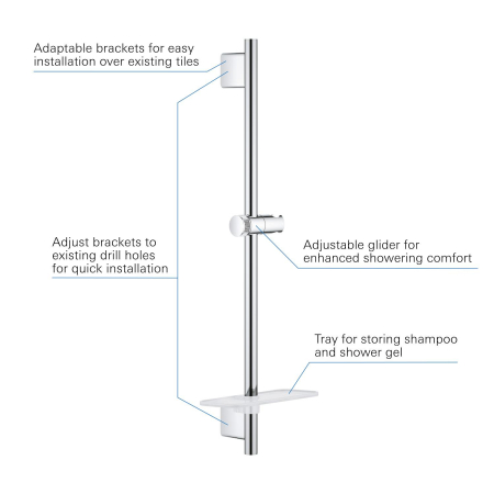 Bara de dus Grohe 26602000, 630 mm, 78 mm, universal, suport dus reglabil, pe perete, metal, plastic, Crom [2]