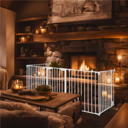 Bariera de protectie pentru copii, 318x75 cm, alba – 5 panouri, poarta cu blocare, montaj pe perete [5]