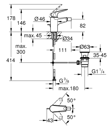 Baterie bideu Grohe 24332001, 28 mm, 0.7 bar, 35 mm, 146 mm, 111 mm, 414 mm, 1 orificii instalare, Crom [4]