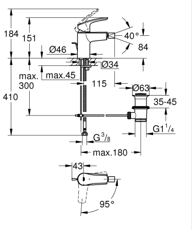 Baterie bideu Grohe 32928003, 28 mm, 1 bar, 35 mm, 151 mm, 115 mm, 410 mm, 1 orificii instalare, Crom [4]