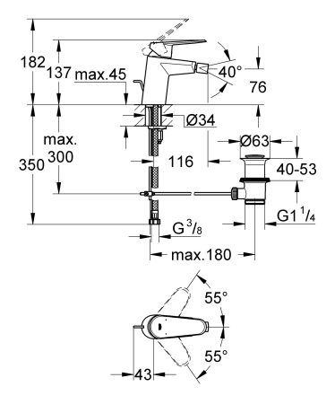 Baterie bideu Grohe 33244002, 35 mm, 0.7 bar, 137 mm, 116 mm, 350 mm, 1 orificii instalare, 3/8 dimensiune racord, Crom [1]