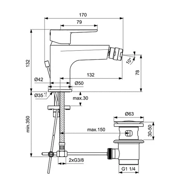 Baterie bideu Ideal Standard Cerafine O cu ventil pop-up negru mat [1]