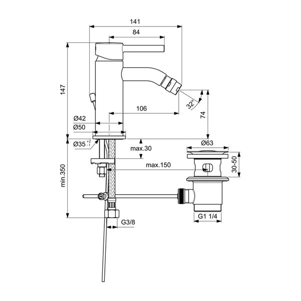Baterie bideu Ideal Standard Ceraline cu ventil pop-up negru mat [1]