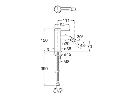 Baterie bideu Roca A5A629EB00, 0.7 bar, 35 mm, 150 mm, 111 mm, 390 mm, 1 orificii instalare, 3/8 dimensiune racord, Alb [1]