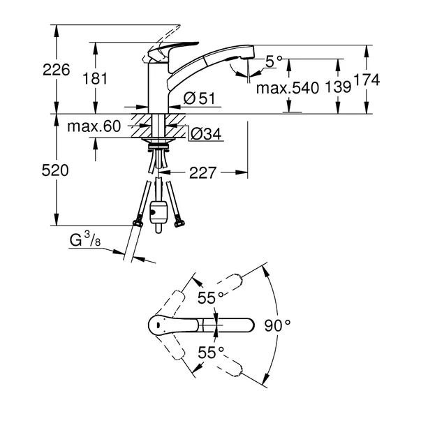 Baterie bucatarie Grohe 303052431, 1 bar, 181 mm, 227 mm, 1 orificii instalare, 2 sprayuri, 180 unghi pivotare, Negru [3]