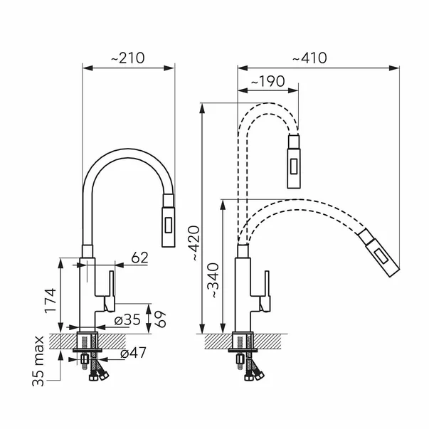 Baterie bucatarie Ferro Zumba Slim 2F albastru cu pipa flexibila [1]
