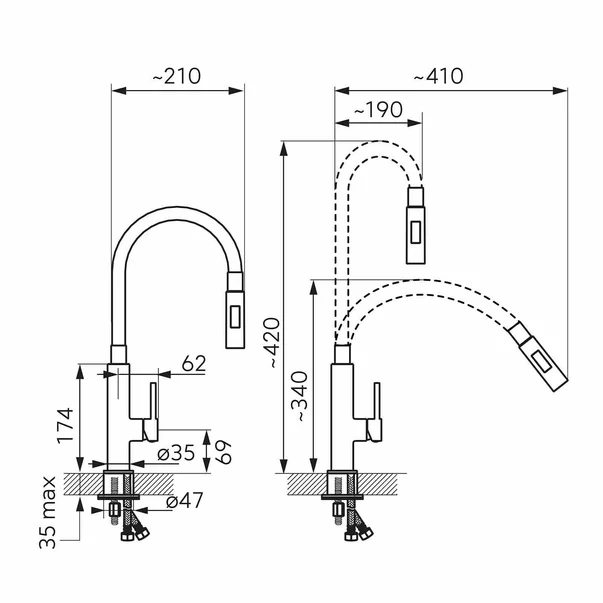 Baterie bucatarie Ferro Zumba Slim 2F galben-lamaie cu pipa flexibila [1]