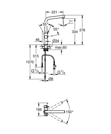 Baterie bucatarie Grohe 1010680001, 0.6 bar, 378 mm, 221 mm, 1 orificii instalare, 3 sprayuri, 150 unghi pivotare, Crom [8]