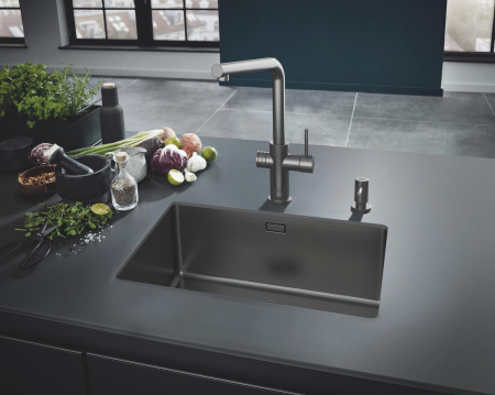 Baie - Baterie bucatarie Grohe 101068AL01, Blue Home, inalta, tip L, pentru racitor Blue Home, mat, grafit