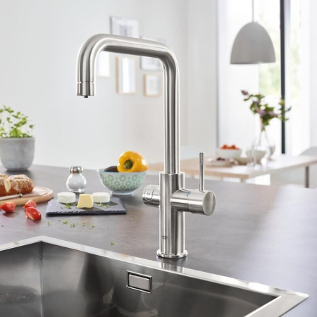 Baterii bucatarie - Baterie bucatarie Grohe 101070DC01, Blue Home, inalta, tip U, pentru racitor Blue Home, mat, otel satinat
