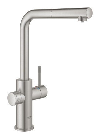 Baie - Baterie bucatarie Grohe 101072DC01, Blue Home, inalta, tip L, pentru racitor Blue Home, dus, mat, otel satinat