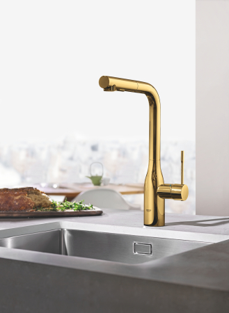 Baterie bucatarie Grohe 30270GL0, Essence, 3/8'', inalta, tip L, dus extractabil, lucios, auriu [1]