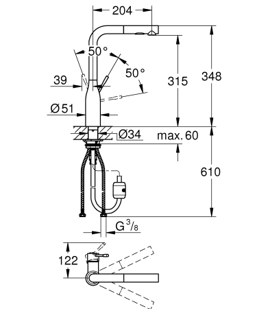 Baterie bucatarie Grohe 30270GL0, Essence, 3/8'', inalta, tip L, dus extractabil, lucios, auriu [2]
