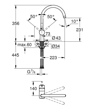 Baterie bucatarie Grohe 30427000, 1 bar, 356 mm, 223 mm, 1 orificii instalare, 1 sprayuri, 360 unghi pivotare, Crom [1]