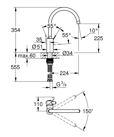 Baterie bucatarie Grohe 30431DC0, 1 bar, 354 mm, 224 mm, 1 orificii instalare, 1 sprayuri, Otel satinat [2]