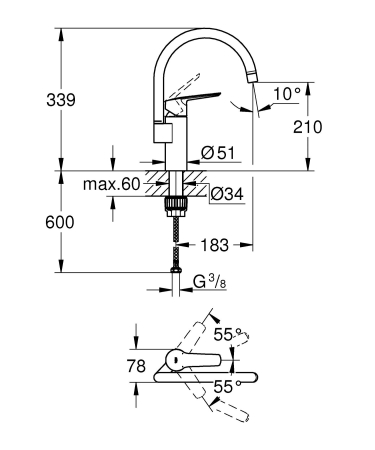 Baterie bucatarie Grohe 304692430, 0.8 bar, 339 mm, 183 mm, 1 orificii instalare, 1 sprayuri, 360 unghi pivotare, Negru [4]