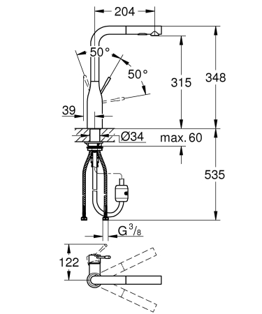 Baterie bucatarie Grohe 30504000, 1 bar, 348 mm, 204 mm, 1 orificii instalare, 2 sprayuri, 180 unghi pivotare, Crom [4]