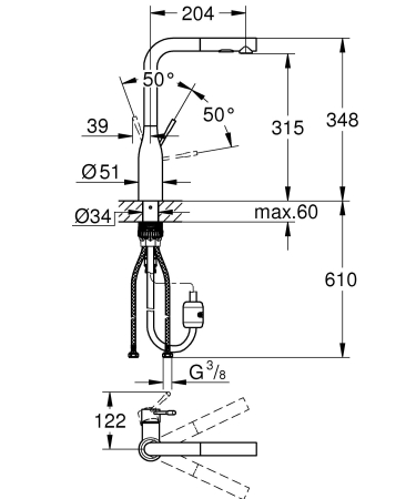 Baterie bucatarie Grohe 30504AL0, Essence, 3/8'', inalta, tip L, dus, 2 functii, mat, grafit [4]