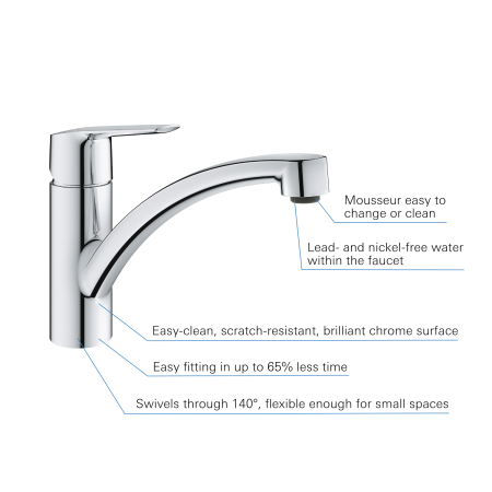 Baterie bucatarie Grohe 30530002, bucatarie Start, tip comanda monocomanda, marime medie, forma pipa tip c, crom [5]