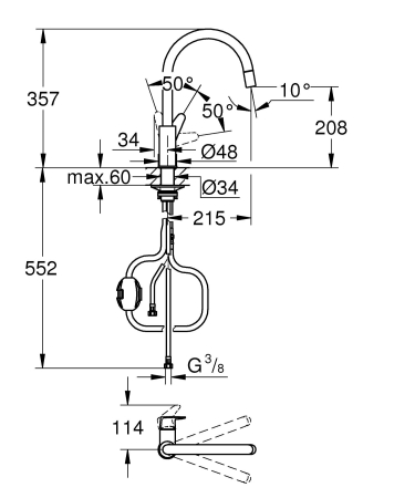 Baterie bucatarie Grohe 30547000, 0.8 bar, 357 mm, 215 mm, 1 orificii instalare, 1 sprayuri, 120 unghi pivotare, Crom [7]
