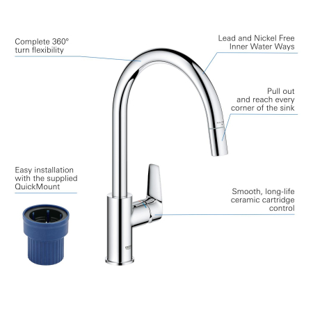 Baterie bucatarie Grohe 30551000, 1 bar, 357 mm, 215 mm, 1 orificii instalare, 1 sprayuri, 180 unghi pivotare, Crom [2]