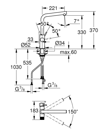 Baterie bucatarie Grohe 30588000, 1 bar, 370 mm, 221 mm, 1 orificii instalare, 2 sprayuri, 180 unghi pivotare, Crom [7]