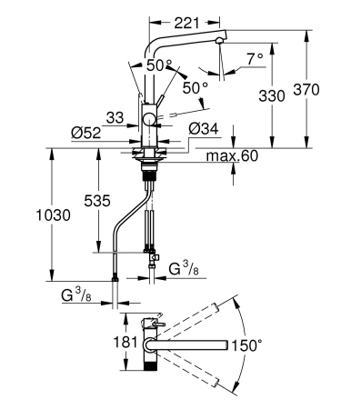 Baterie bucatarie Grohe 30600000, 1 bar, 367 mm, 223 mm, 1 orificii instalare, 2 sprayuri, 180 unghi pivotare, Crom [5]