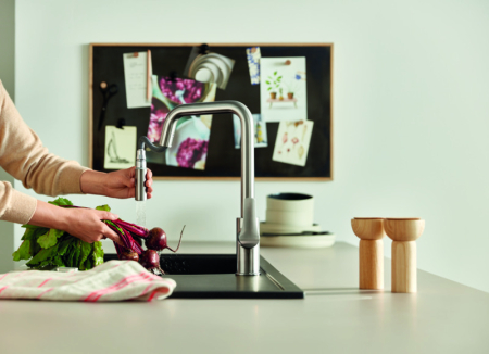 Baterie bucatarie Grohe 30619DC0, Eurosmart, inalta, tip U, dus, 2 functii, mat, otel satinat [3]
