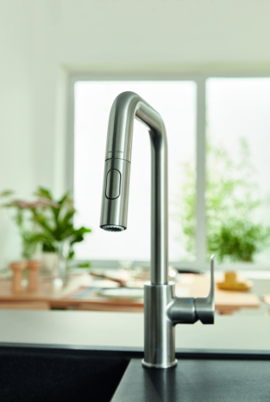 Baterie bucatarie Grohe 30619DC0, Eurosmart, inalta, tip U, dus, 2 functii, mat, otel satinat [1]