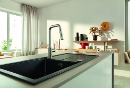 Baterie bucatarie Grohe 30619DC0, Eurosmart, inalta, tip U, dus, 2 functii, mat, otel satinat [2]