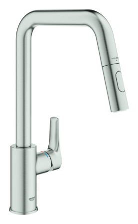 Baterii bucatarie - Baterie bucatarie Grohe 30619DC0, Eurosmart, inalta, tip U, dus, 2 functii, mat, otel satinat