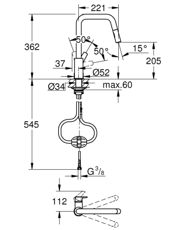 Baterie bucatarie Grohe 30619DC0, Eurosmart, inalta, tip U, dus, 2 functii, mat, otel satinat [7]